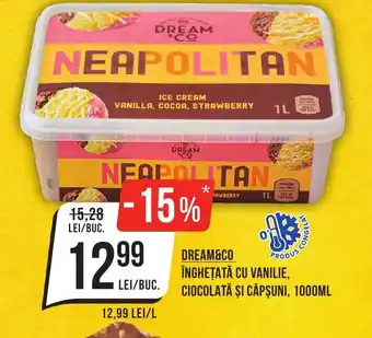 Mega Image DREAM&CO ÎNGHEȚATĂ CU VANILIE, CIOCOLATĂ ȘI CĂPŞUNI, 1000ML Ofertă