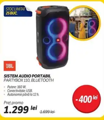 Flanco JBL SISTEM AUDIO PORTABIL PARTYBOX 110, BLUETOOTH Ofertă