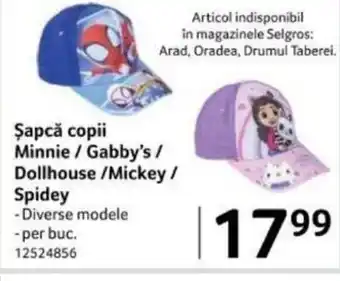 Selgros Şapcǎ copii Minnie / Gabby's / Dollhouse /Mickey / Spidey Ofertă