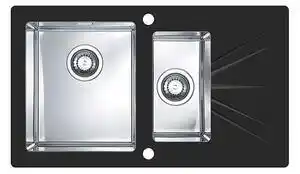 Favi Chiuveta bucatarie inox doua cuve si sticla securizata neagra, cuva stanga, Alveus Karat 20 Negru, Stanga Ofertă