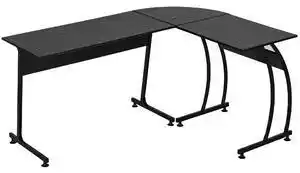 Favi HOMCOM Birou în Colț Spațios din Lemn cu Cadru din Metal, Design Modern pentru Acasă sau Birou, Multifuncțional, Negru, 112.5 Ofertă