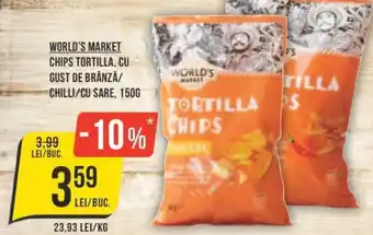 Mega Image WORLD'S MARKET CHIPS TORTILLA, CU GUST DE BRÂNZĂ/ CHILLI/CU SARE, 150G Ofertă