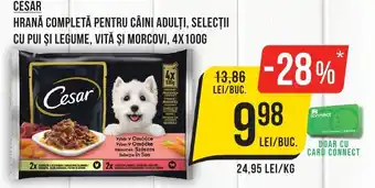 Mega Image CESAR HRANĂ COMPLETĂ PENTRU CÂINI ADULŢI, SELECȚII CU PUI ȘI LEGUME, VITĂ ȘI MORCOVI, 4X100G Ofertă