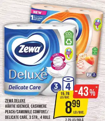ZEWA DELUXE HÂRTIE IGIENICĂ, CASHMERE PEACH/CAMOMILE COMFORT/ DELICATE CARE, 3 STR., 4 ROLE