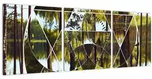 Favi Tablou - Colaj geometric pe fundalul pădurilor nordice (cu ceas) (90x30 cm) Ofertă