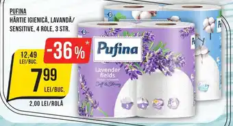 Mega Image PUFINA HÂRTIE IGIENICĂ, LAVANDĂ/ SENSITIVE, 4 ROLE, 3 STR. Ofertă