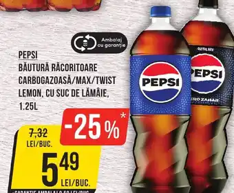 Mega Image PEPSI BĂUTURĂ RĂCORITOARE CARBOGAZOASĂ/MAX/TWIST LEMON, CU SUC DE LĂMÂIE, 1.25L Ofertă