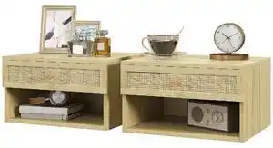 Favi HOMCOM Set 2 Noptiere Plutitoare, Noptiere Nordice cu Sertar din Ratan și Raft Deschis pentru Dormitor, 40x34x23 cm, Efect de Ofertă