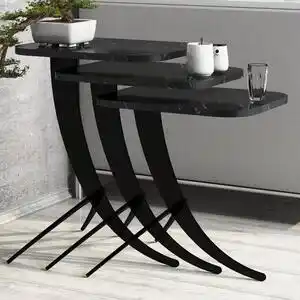 Set 3 masute Pion, din PAL melaminat, marmura neagra, 35x45x60 cm
