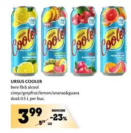 URSUS COOLER bere fără alcool cireşe/grepfrut/lemon/ananas&guava doză 0.5 L per buc.