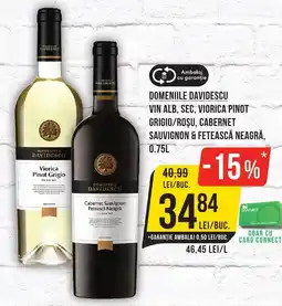 Mega Image DOMENIILE DAVIDESCU VIN ALB, SEC, VIORICA PINOT GRIGIO/ROŞU, CABERNET SAUVIGNON & FETEASCĂ NEAGRĂ, 0.75L Ofertă