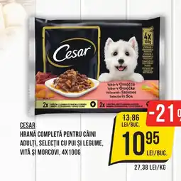 Mega Image CESAR HRANĂ COMPLETĂ PENTRU CÂINI ADULŢI, SELECȚII CU PUI ŞI LEGUME, VITĂ ȘI MORCOVI, 4X100G Ofertă