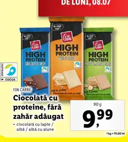 Lidl FIN CARRÉ Ciocolată cu proteine, fără zahăr adăugat Ofertă