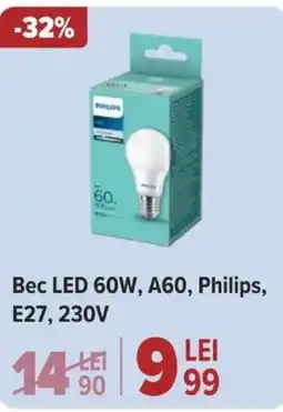 Carrefour Bec LED 60W, A60, Philips, E27, 230V Ofertă
