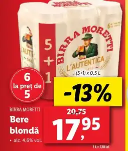 Lidl BIRRA MORETTI Bere blondǎ Ofertă