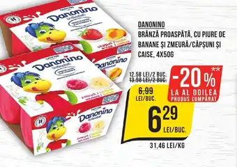 Mega Image DANONINO Brânză proaspătă, cu piure de banane şi zmeură/căpşuni și caise Ofertă