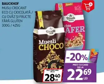 Auchan BAUCKHOF Musli crocant eco cu ciocolată / cu ovăz şi fructe fără gluten Ofertă