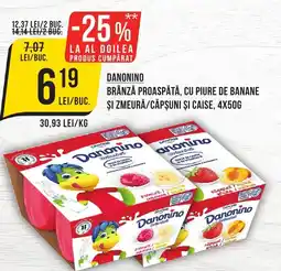 Mega Image DANONINO Brânză proaspătă, cu piure de banane şi zmeură/căpşuni și caise Ofertă