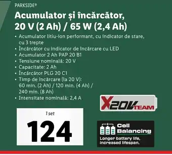 Lidl PARKSIDE Acumulator şi încărcător, 20 V (2 Ah)/ 65 W (2.4 Ah) Ofertă