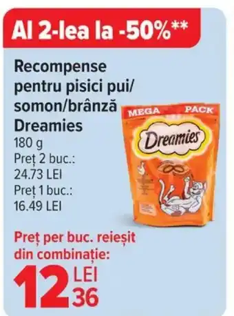 Carrefour DREAMIES Recompense pentru pisici pui/ somon/brânză Ofertă