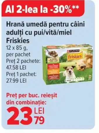 Carrefour Hrană umedă pentru câini adulți cu pui/vitǎ/miel Friskies Ofertă