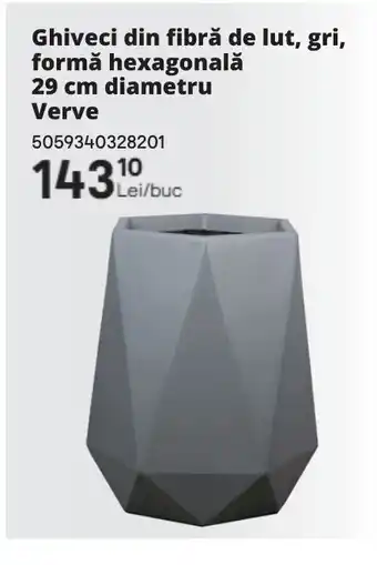 Brico Depôt Ghiveci din fibră de lut, gri, formǎ hexagonală 29 cm diametru Verve Ofertă