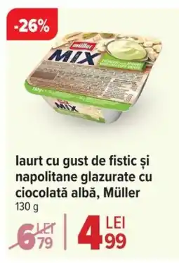 Carrefour Market laurt cu gust de fistic şi napolitane glazurate cu ciocolată albă, Müller Ofertă