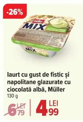 Carrefour Market laurt cu gust de fistic şi napolitane glazurate cu ciocolată albă, Müller Ofertă