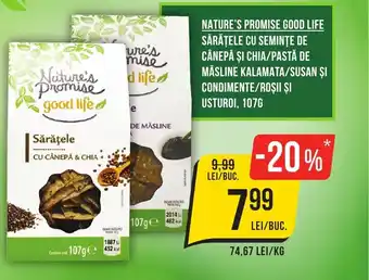 Mega Image Nature's promise good life sărățele cu seminţe de cânepă şi chia/pastă de măsline kalamata/susan şi condimente Ofertă