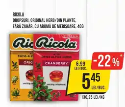 Mega Image RICOLA Dropsuri, original herb/din plante, fără zahăr, cu aromă de merișoare Ofertă