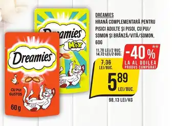 Mega Image DREAMIES Hrană complementară pentru pisici adulte și pisoi, cu pui/ somon şi brânză/vită/somon Ofertă