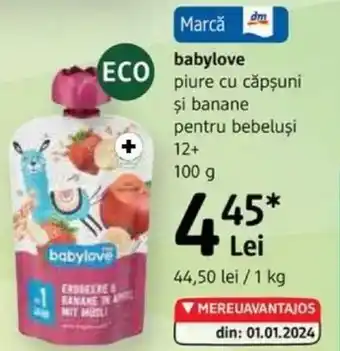 DM BABYLOVE piure cu căpşuni şi banane pentru bebeluşi 12+ Ofertă