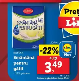 Lidl MILBONA Smântână pentru gătit Ofertă