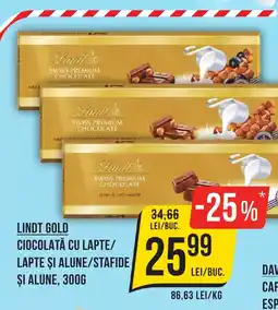 Mega Image LINDT Gold Ciocolată cu lapte/ lapte şi alune/stafide și alune Ofertă