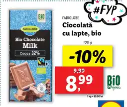 Lidl FAIRGLOBE Ciocolată cu lapte, bio Ofertă