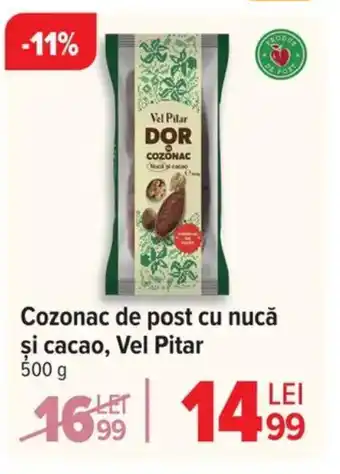 Carrefour Cozonac de post cu nucă şi cacao, Vel Pitar Ofertă