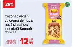 Carrefour Cozonac vegan cu cremă de nucă/ nucă şi stafide/ ciocolată Boromir Ofertă