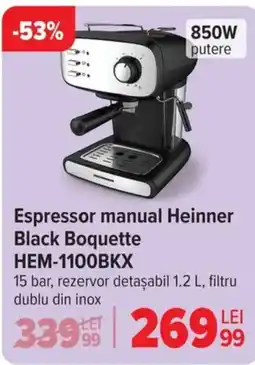 Carrefour Espressor manual Heinner Black Boquette HEM-1100BKX Ofertă