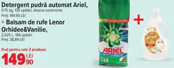 Carrefour Detergent pudră automat Ariel, + Balsam de rufe Lenor Orhidee&Vanilie Ofertă