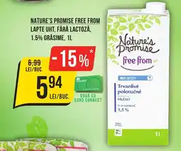 Mega Image NATURE'S PROMISE FREE FROM Lapte uht, fără lactoză, 1.5% grăsime Ofertă