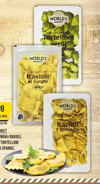 Mega Image WORLD'S MARKET Ravioli ai funghi/ravioli 5 formaggi/tortelloni cu ricotta și spanac Ofertă