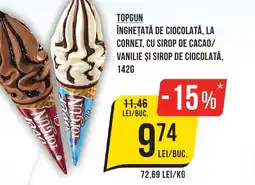 Mega Image TOPGUN Înghețată de ciocolată, la cornet, cu sirop de cacao/ vanilie şi sirop de ciocolată Ofertă