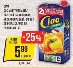 Mega Image CIAO Suc multivitamine/ băutură răcoritoare necarbogazoasă, cu suc de piersică/suc de portocale Ofertă
