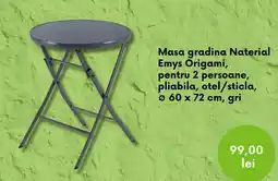 Leroy Merlin Masa gradina Naterial Emys Origami, pentru 2 persoane, pliabila, otel/sticla, Ø 60 x 72 cm, gri Ofertă