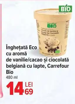 Carrefour Înghețată Eco cu aromă de vanilie/cacao și ciocolată belgiană cu lapte, Carrefour Bio Ofertă