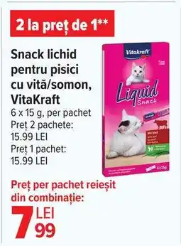 Carrefour Snack lichid pentru pisici cu vită/somon, VitaKraft Ofertă