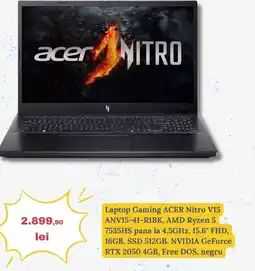 Media Galaxy Laptop Gaming ACER Nitro V15 ANV15-41-R1BK, AMD Ryzen 5 7535HS pana la 4.5GHz, 15.6" FHD, 16GB, SSD 512GB Ofertă