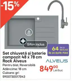 Brico Depôt Set chiuvetă şi baterie compozit 48 x 78 cm Rock Alveus Ofertă