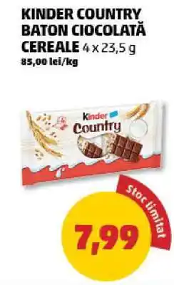 Penny KINDER COUNTRY BATON CIOCOLATĂ CEREALE 4 x 23,5 g Ofertă