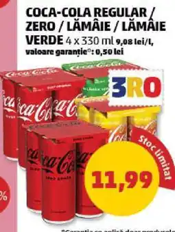 Penny COCA-COLA REGULAR / ZERO / LĂMÂIE / LĂMÂIE VERDE 4 x 330 ml Ofertă